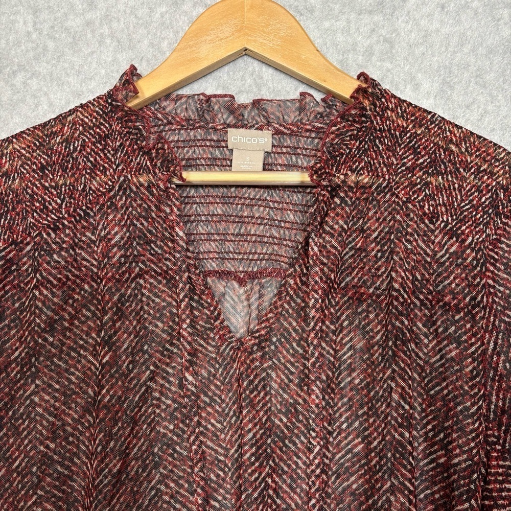 Chico's Herringbone Print Sheer Mesh Ruffle Smocked Top Blouse-Women Size 3/XL